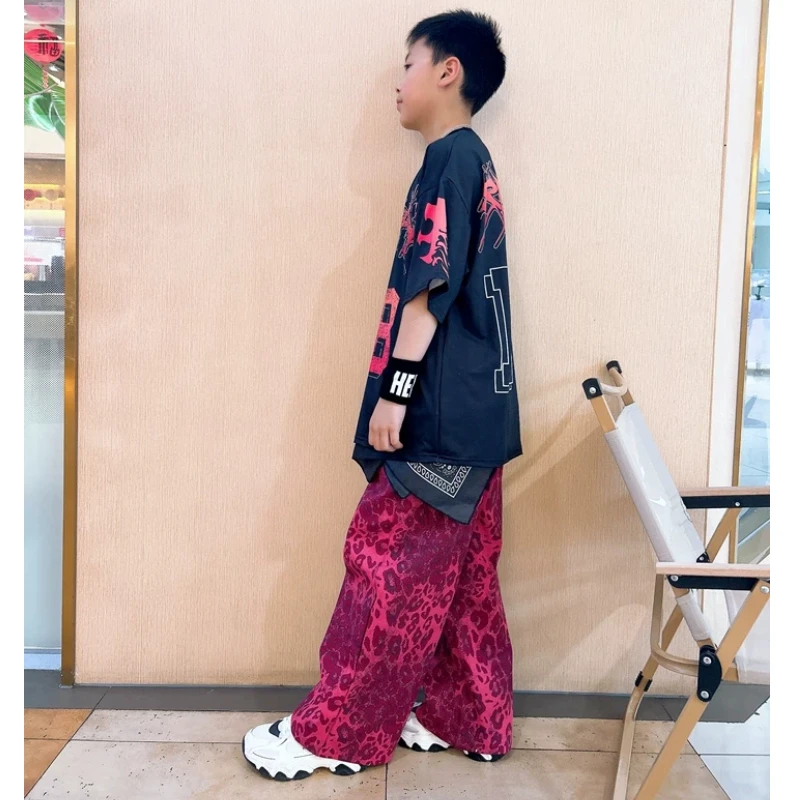 Jazz Dance Costumes Clothes Kid Kpop Hip Hop Clothing Black Letters T Shirt Pink Leopard Print Casual Baggy Pants for Girl Boy