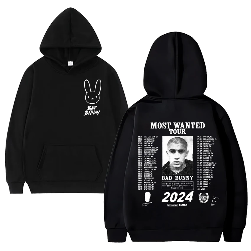 

Hot Rapper Bad Bunny Most Wanted Tour print Hoodie 2024 Men Women vintage Casual Sweatshirt Unisex Fleece Long sleeve pullovers