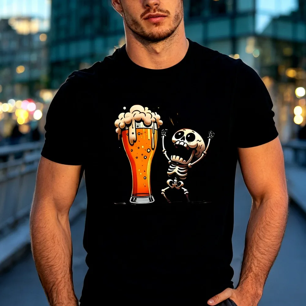 Funny Skeleton Beer Graphic Tshirt Frothy Beer Glass Print Tee Beer Lover Halloween Party Gift Casual Short Sleeve Unisex Tops