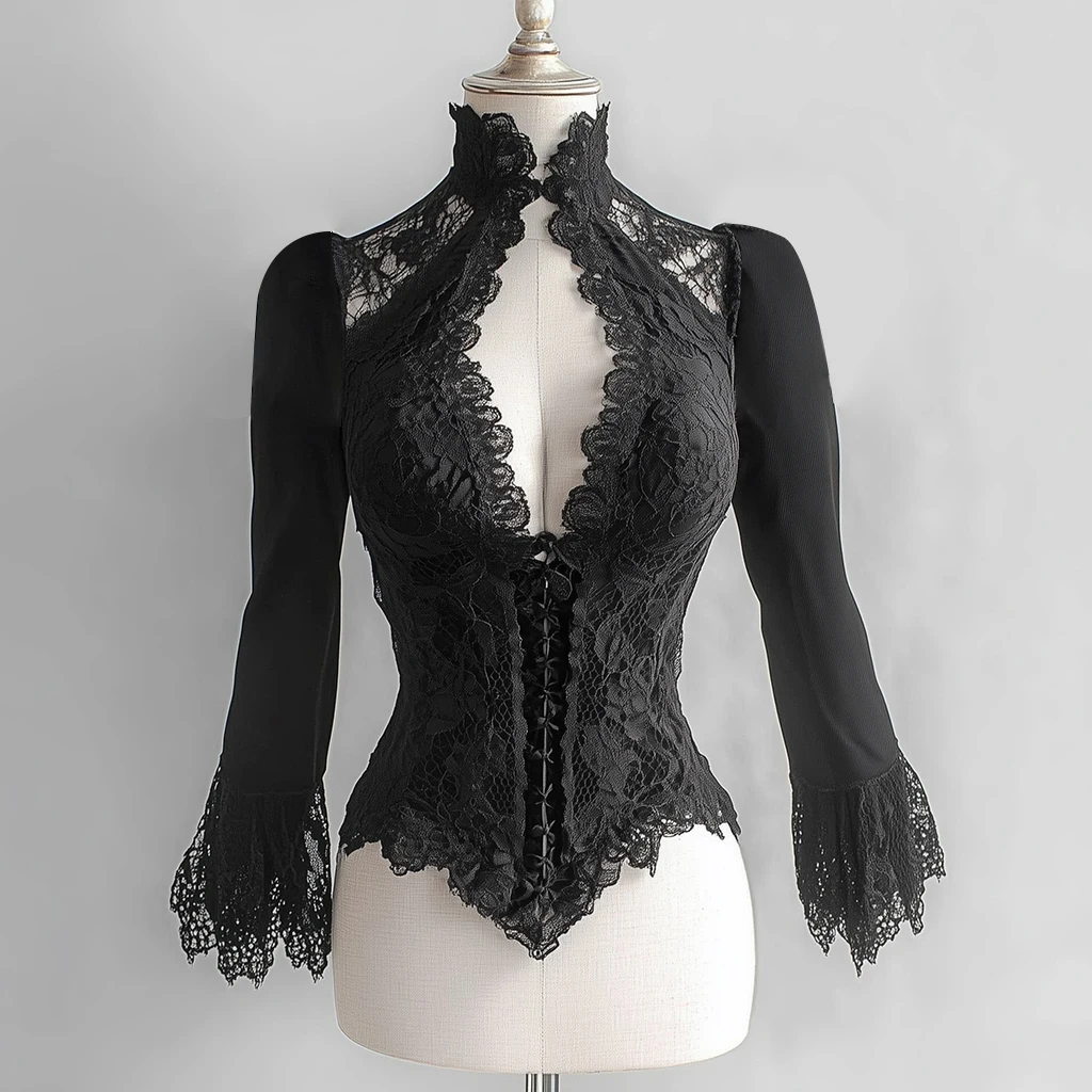 

Women's Lace Blouse Tops Stand Collar Hollow Out Asymmetric Hem Flare Sleeve Sexy V-neck Gothic Punk Retro Slim Blouse Top 2025