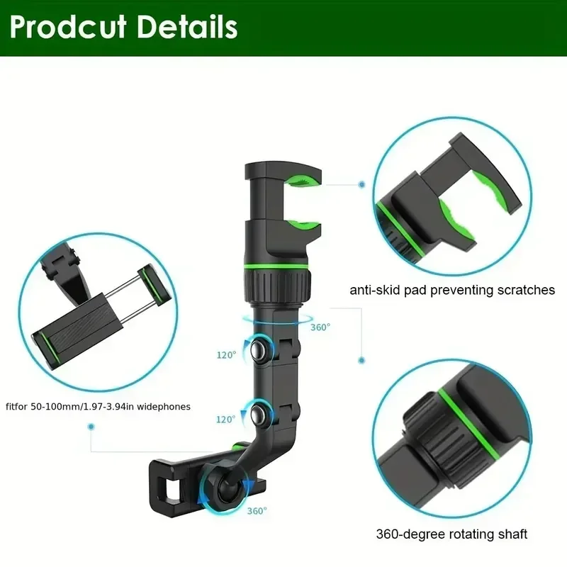 360° Rotatable Car Phone Mount - Universal Rearview Mirror Holder with Multi-Angle Adjustment