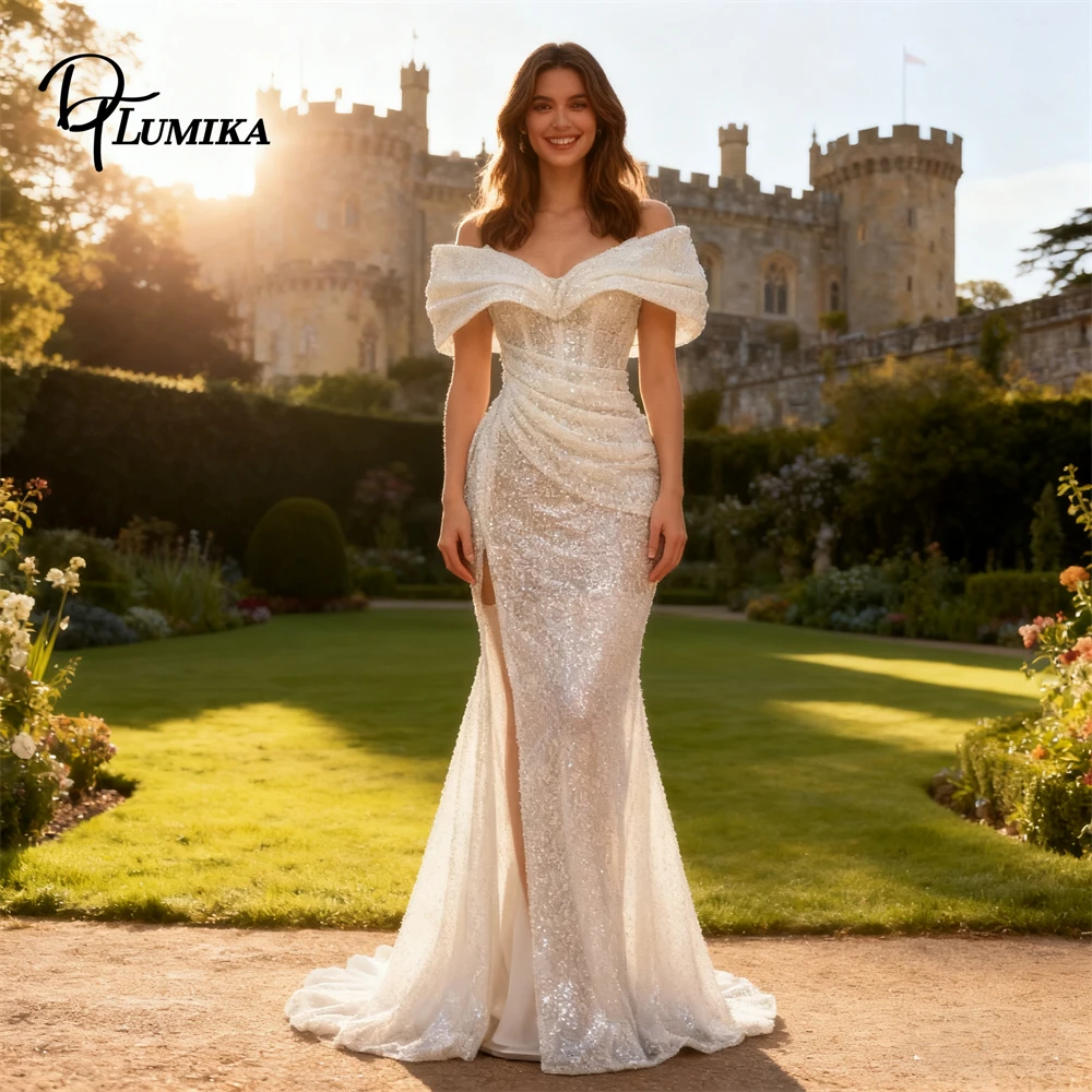 Off Shoulder Sequined Wedding Dress Sheath Long Glitter Bride Dresses with High Split Sheath Bridal Gown Made-to-Order