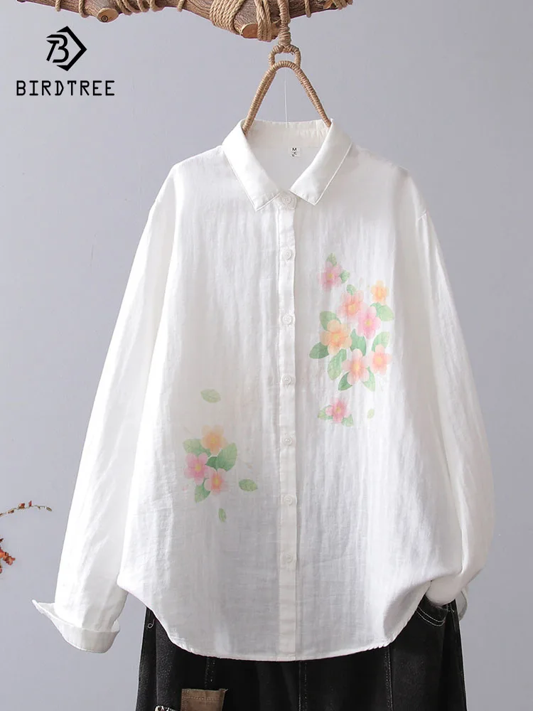 

New 2025 Autumn Cotton Yarn Long Sleeve Shirt, Women Turn-down Collar Print, Mori Girl Retro Casual Soft Loose Blouse T58419CC