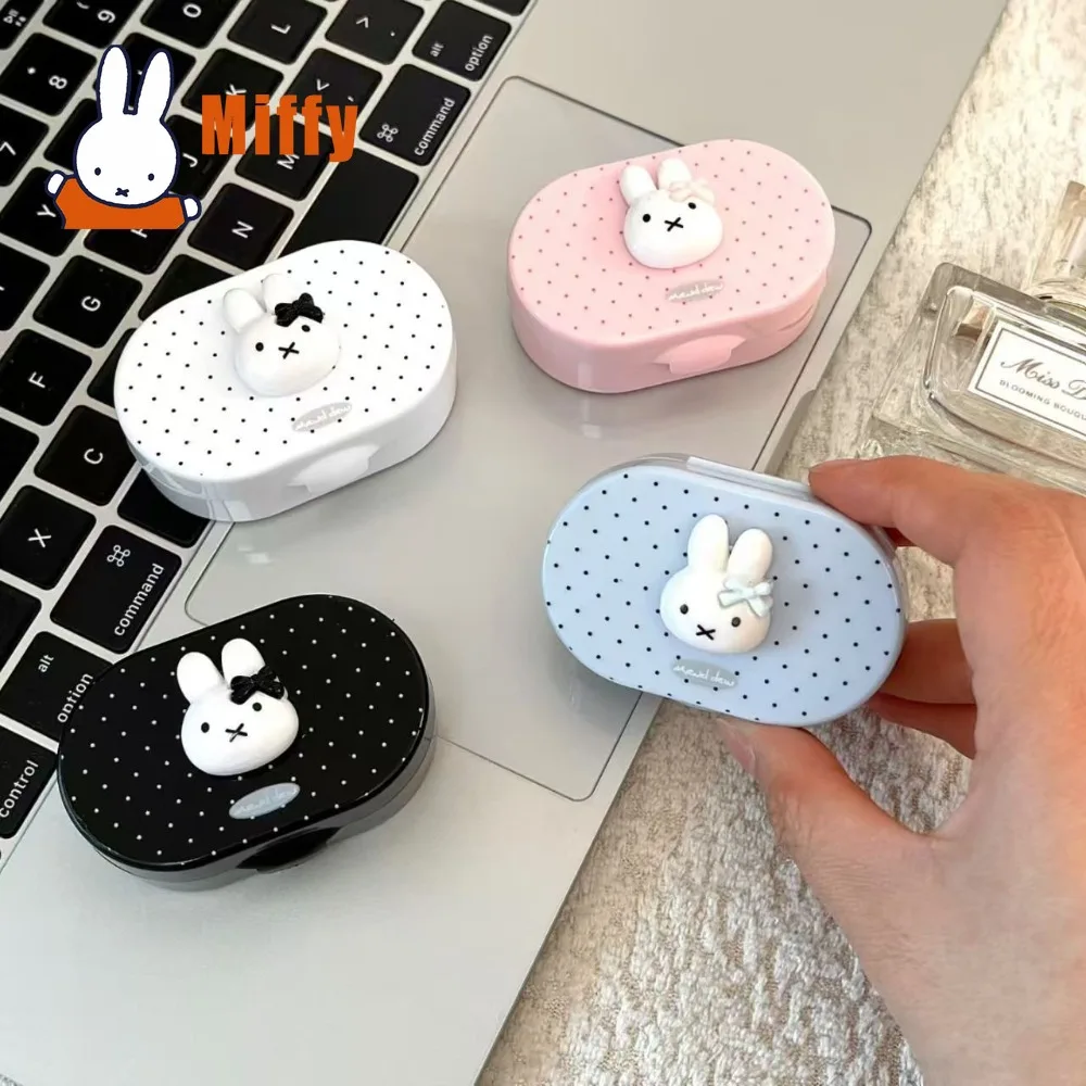 Kawaii Miffy Contact Lens Case Cute Rabbit Portable Travel Storage Box Polka Dot Design Compact Mirror Built-in Daily Use Gift