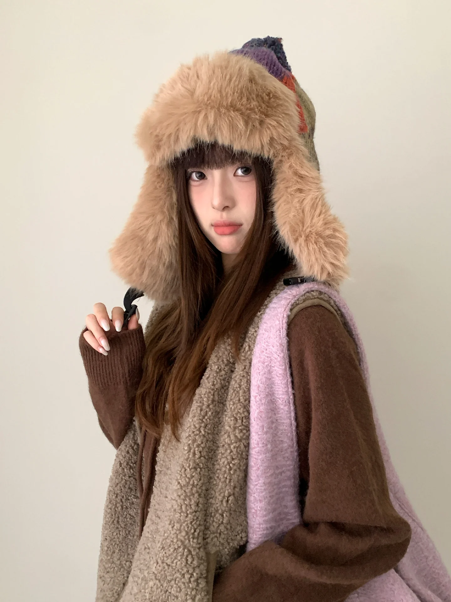 AliExpress Other Retro Patchwork Plaid Plush Lei Feng Hat For Women Thickened For Cold Ears Suitable For Cycling And Skiing