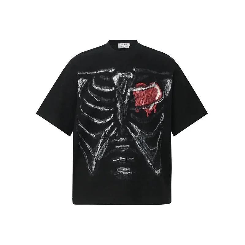 American Style Men Tees Trendy Skeleton Printed Casual Versatile Tops 2026 Spring New Cool Short Sleeve T-Shirt ZS34