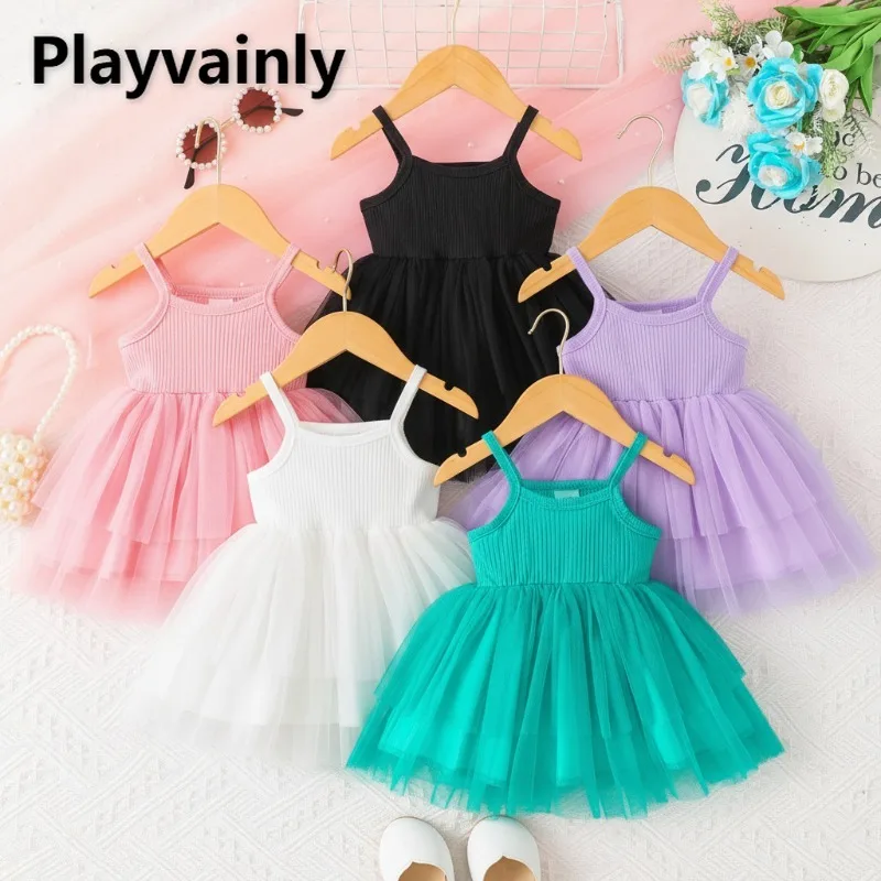 

New Summer 0-2Y Girls Mesh Dress Solid Color Square Collar Sleeveless Patchwork Tulle Skirt Baby Fashion Sling Dresses Y5014