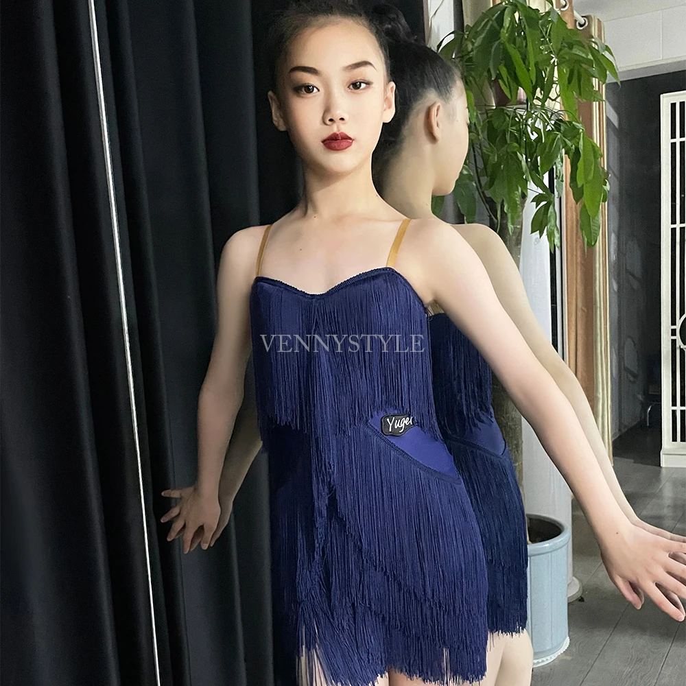 

Vennystyle Latin Dance Costume - Fringe Tiered Dress with Adjustable Spaghetti Straps, Navy Blue Elegant Practice Wear for Girls