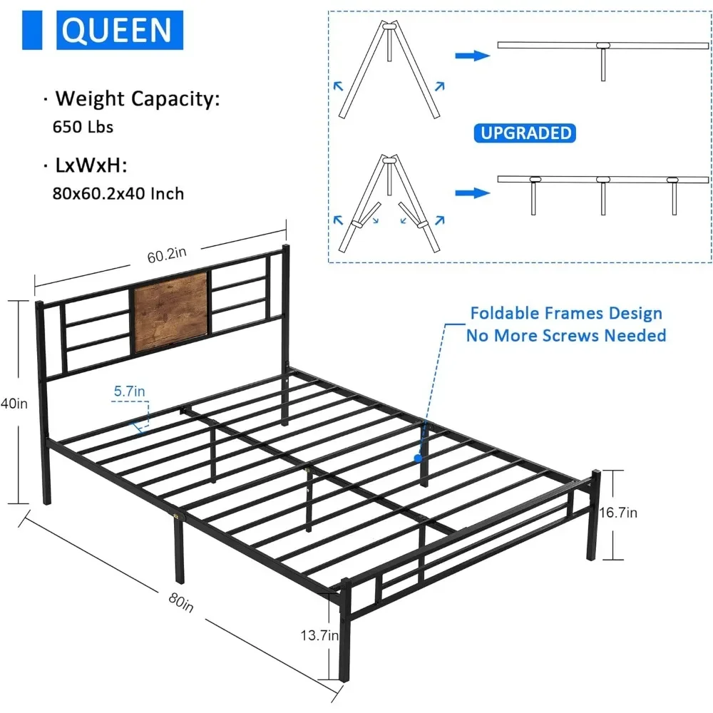 Full Size Bed Frame with Headboard, Heavy beds Platform with Steel Slats Support, Bed Frame