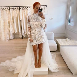 Customized Mini Embroidery Long Fitted Sleeves Wedding Dress Custom Tulle Overskirt Open Scoop Backless High Neck Bridal Gowns