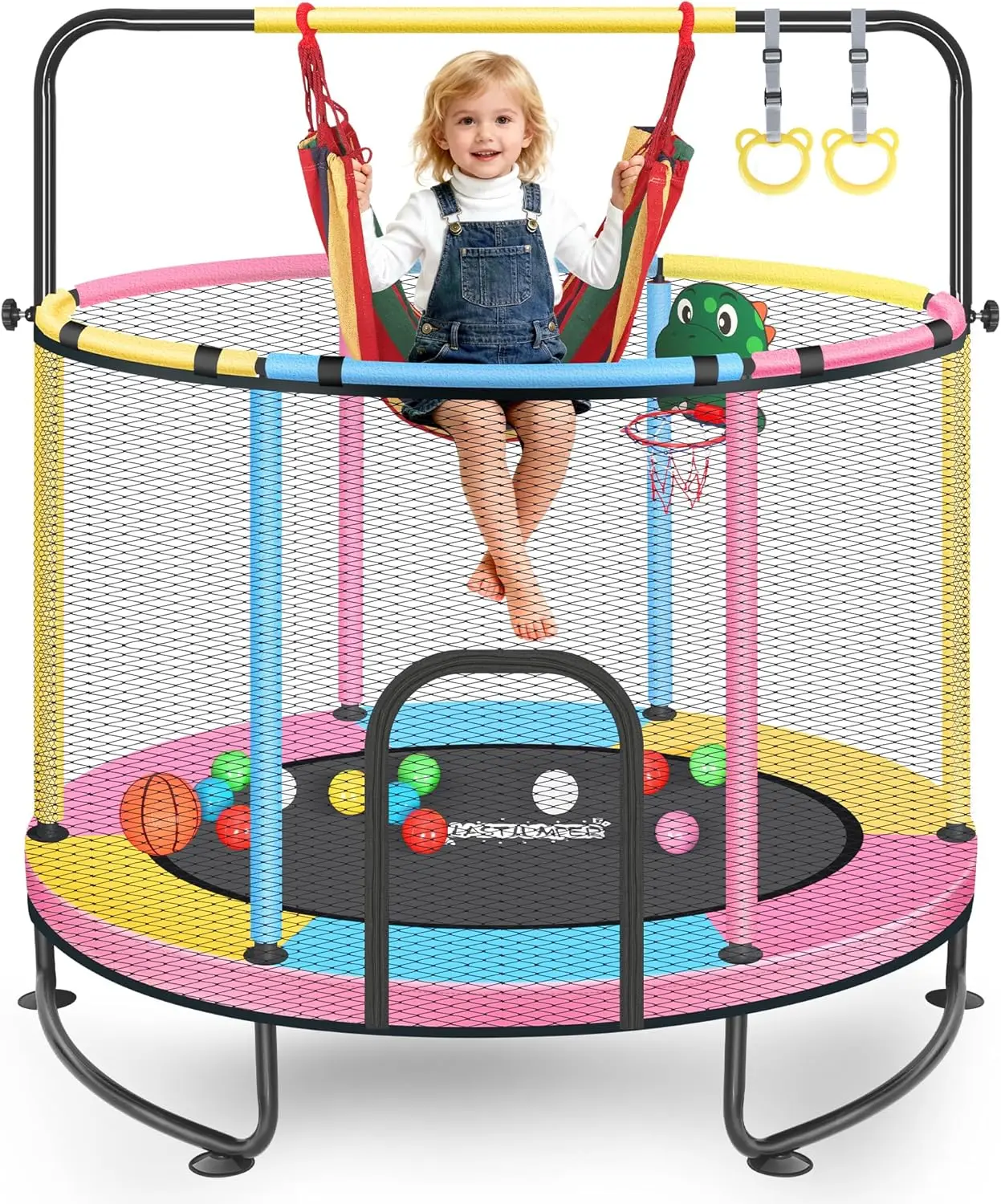 

Pink Indoor Trampoline for Kids 2-5, 5ft Mini with Net and Basketball Hoop