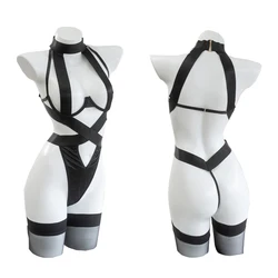 Oyun NieR Automata 2B Cosplay kostüm siyah bandaj iç çamaşırı Hollow Out kadınlar Halter Bodysuit tek parça pijama bırak gemi