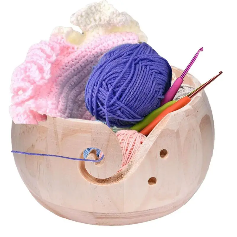 Wooden Yarn Bowl Knitting Yarn Holder With Holes Arts Crochet Organizer Storage Basket Handmade Knitting Ball Sewing Organizer