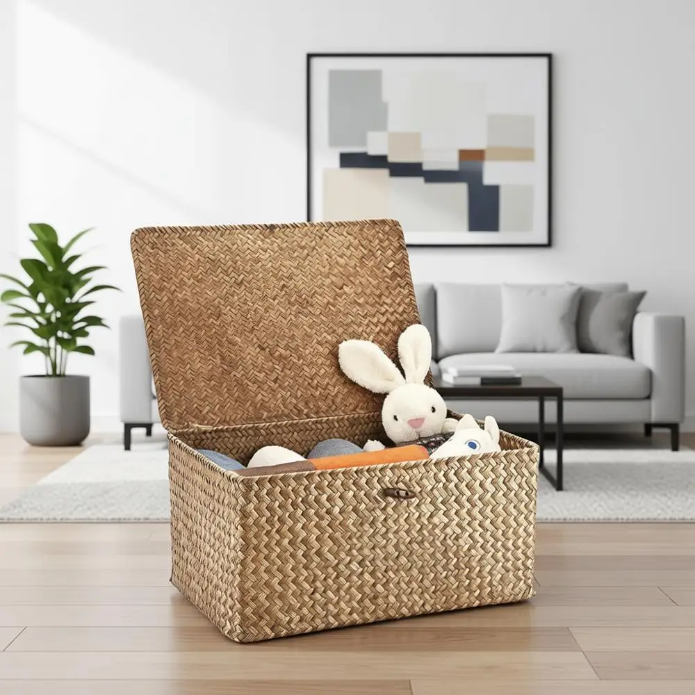 

Плетеная корзина для хранения из морской травы с крышкой, очень большая, для организации дома и гардероба