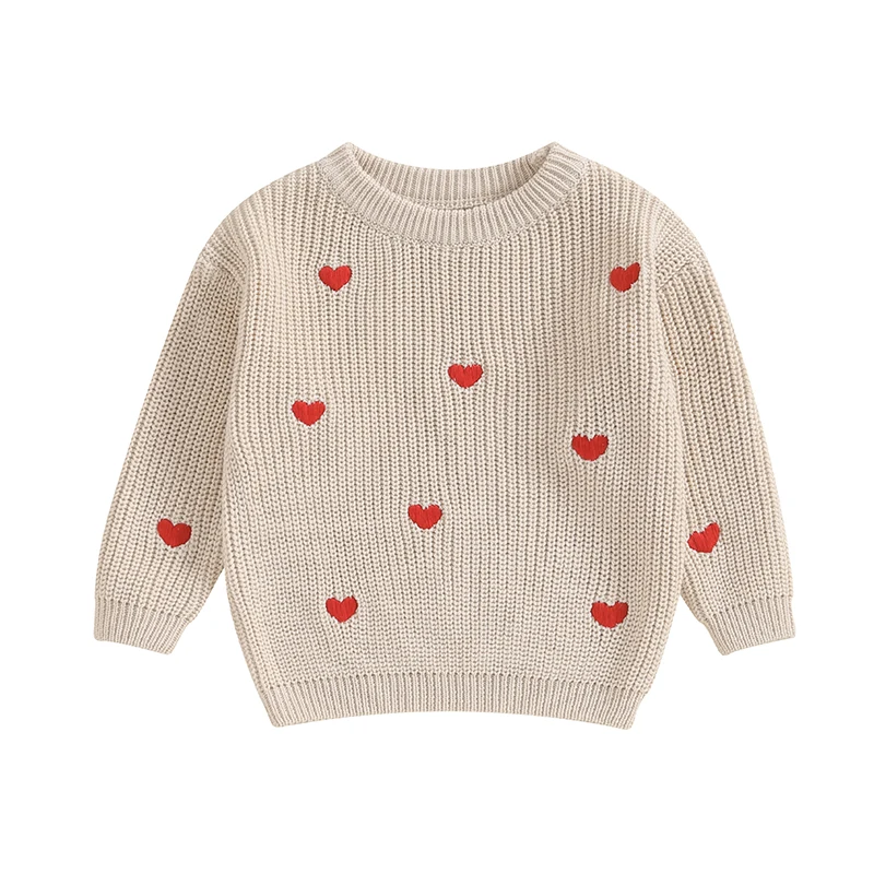 Suéteres do coração do amor das meninas dos bebês, suéter manga comprida, tops gola redonda, roupas de primavera, roupa do dia dos namorados, camiseta doce