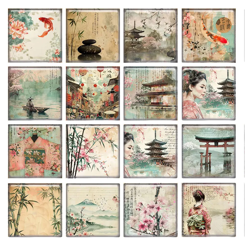 

10pcs/lots Japanese Style Kimono Girl Flower Square Photo Glass Cabochon Flatback Demo Flat Back Cameo For Diy Jewelry Making