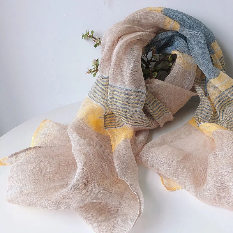 和風リネンコットンストライプスカーフ春秋暖かいソフト Kroean スタイルピュアリネンスカーフ