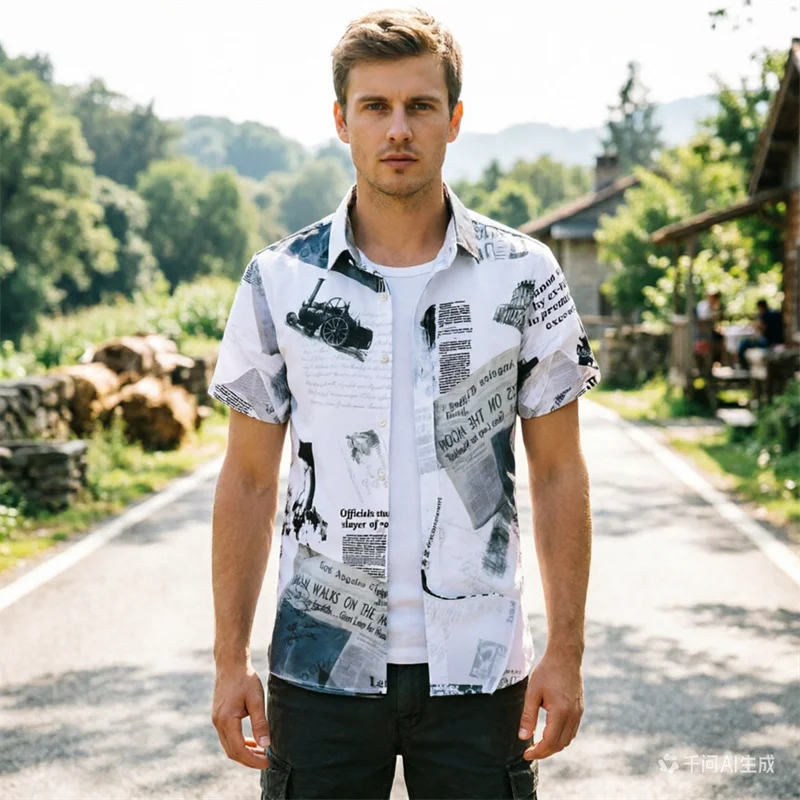 

Men's Summer White Background Newspaper Printed Short Sleeved Shirt Casual Half Sleeved Shirt Personalized Outfit,European Sizes