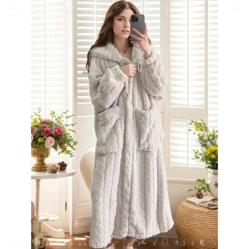 Women's Flannel Robe Autumn Winter Coral Fleece Long Loungewear Slouchy Sleep Robe Soft Warm Cozy Bathrobe Loose Housecoat For Indoor Home Wear Nightwear view 5