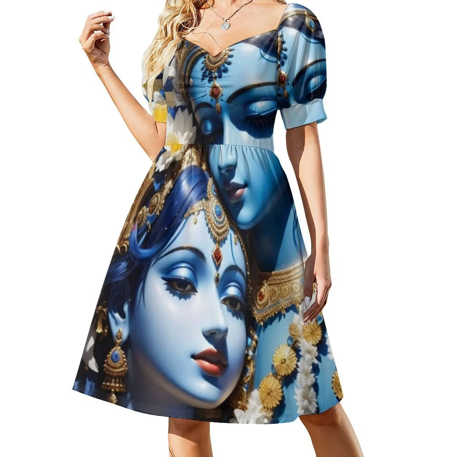 فستان Radha Krishna بوهيمي بدون أكمام للنساء مطبوع فساتين حفلات الشاطئ Radha Krishna Divine Mother Godless فستان نسائي #2