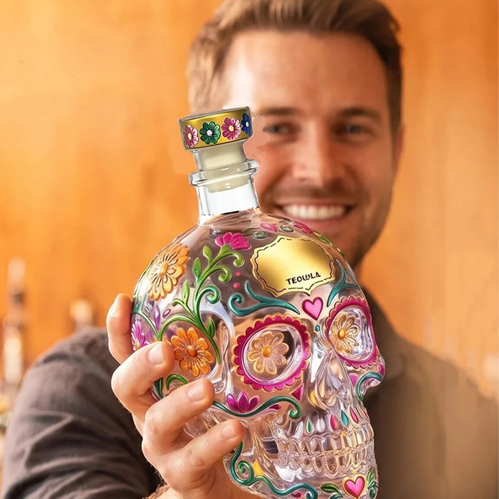 Tequila Skull Bottle with Hand-Painted Dia De Los Muertos Art – Floral Skulls, Exquisite Detail, Perfect for Home Bar Decor