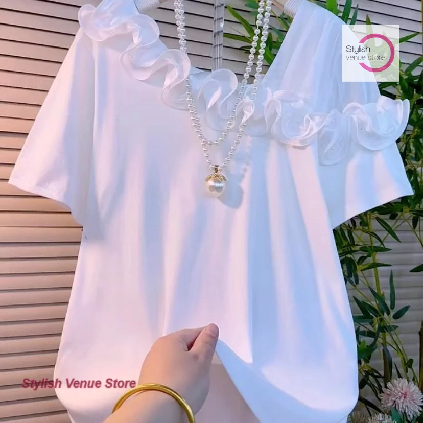 

French Western Style Age-reducing bottoming shirt Fashion Lace Short-sleeved T-shirt New Summer Skinny Joker Simple Shirt