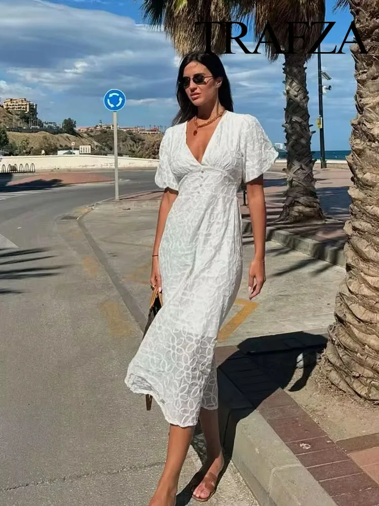 

TRAFZA Summer Women Elegant V-Neck Embroidered Decoration Short-Sleeved Side Zipper Dress Woman Beach Holiday Long Dresses Mujer