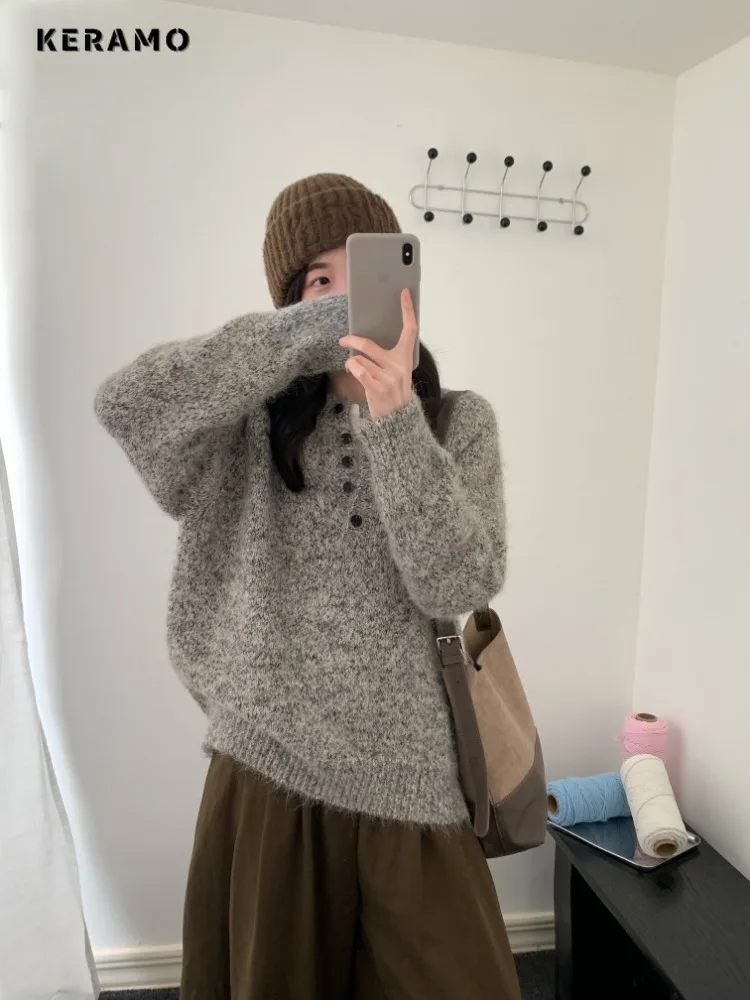 

2025 Winter Solid Color Casual Jumpers Retro Knitting Long Sleeve Pullovers Korean Fashion Women Chic Y2K Vintage Warm Sweater