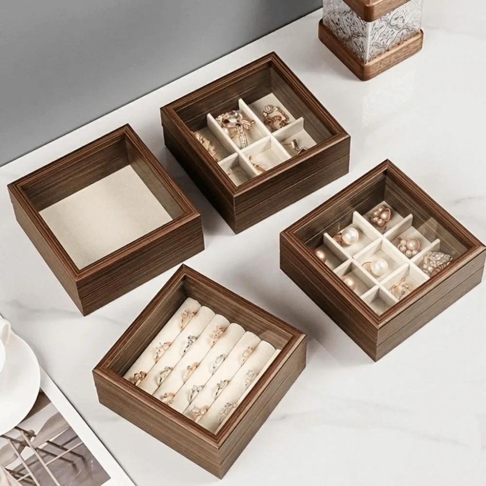 Glass Lid Wood Jewelry Box Dust-proof Velvet Interior Jewelry Organizer Convenient Durable Ring Display Holder Bedroom Use