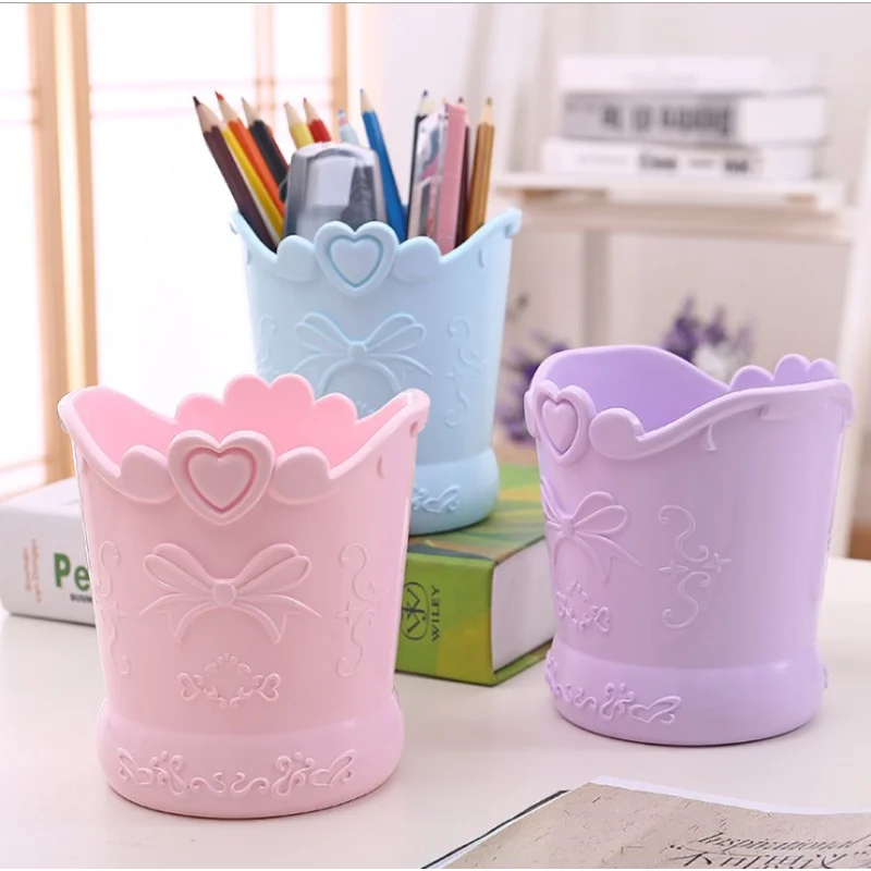 Bow Love Heart Shape Pen Holder Pink Barrel Girl Cute Bucket  Desk Organizer Stationery Large-capacity Plastic Pen Holder