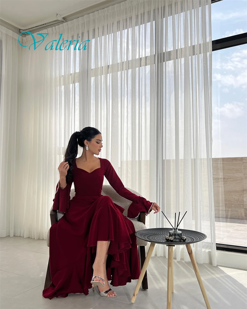 

Customized Elegant Square Collar Evening Dress and Exquisite Long Sleeves Party Dresses and Temperament Jersey Prom Dress