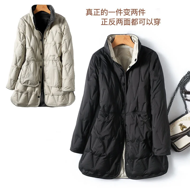 New Arrivals Women Double Sided Thin Puffer Jacket Stand Collar White Duck Down Coat Female Ultra Light Mid-Long Parkas