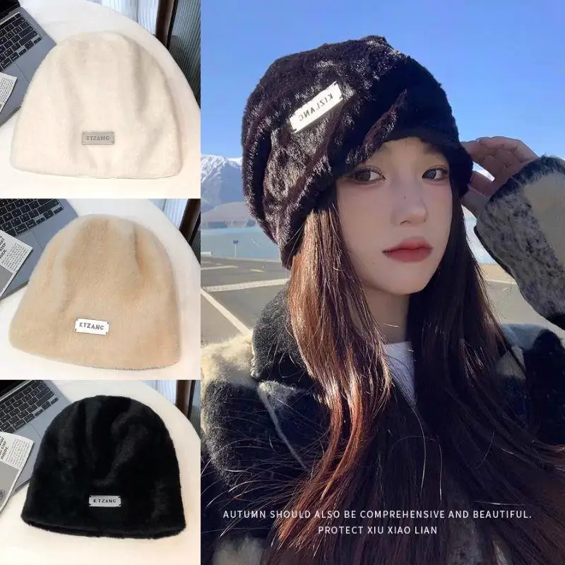 White Black Plush Beanies Hats For Women Winter Warm Solid Baggy Fleece Wool Skullies Hat Outdoor Thicken Caps Female Gorros