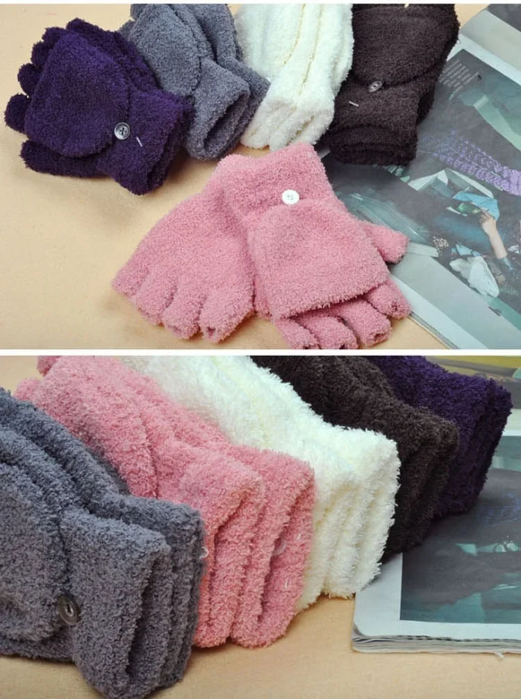 Women Winter Multifunctional Semi-Finger Flip Thermal Gloves Coral Fleece Flip
