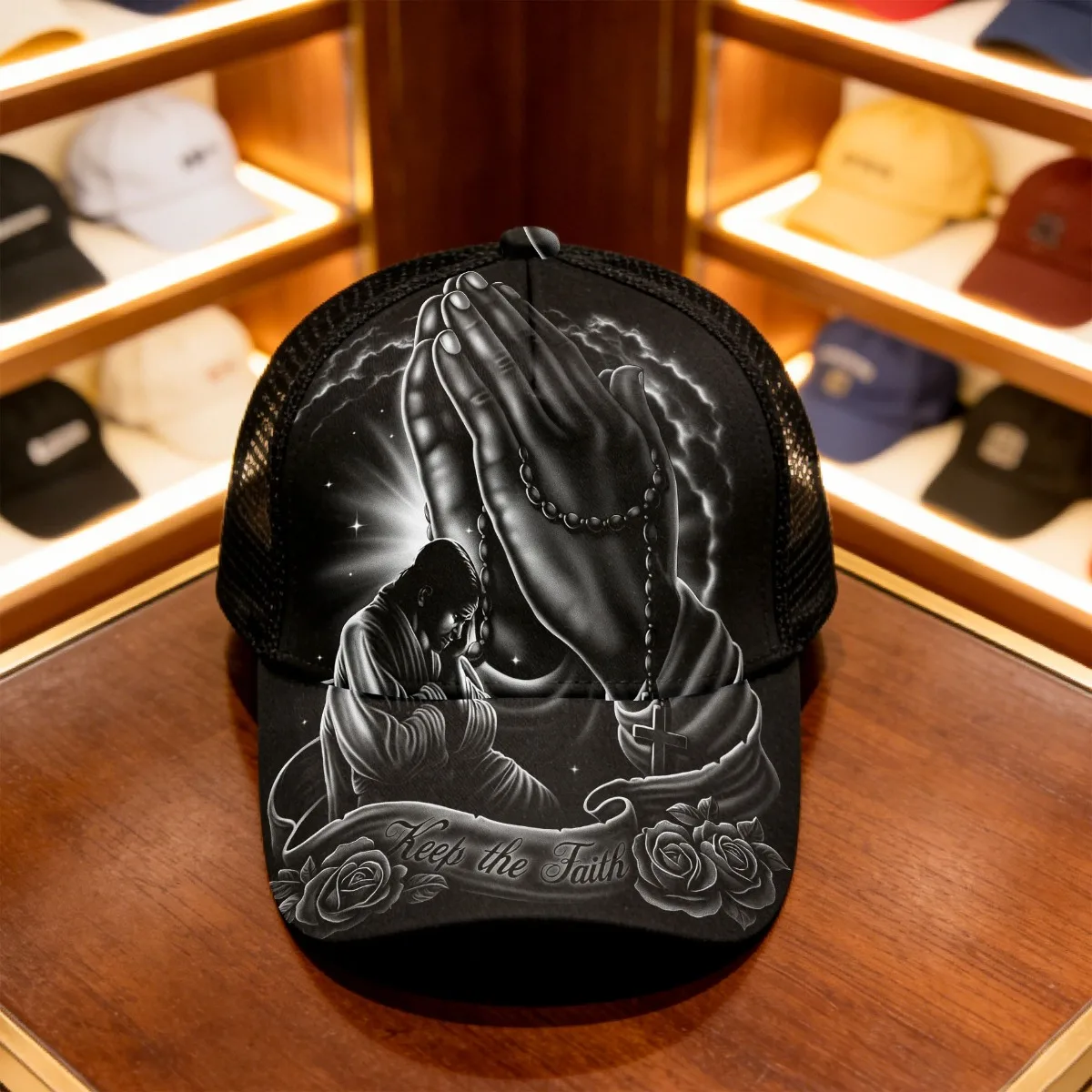 1pc Faith Hope Praying Hands Rosary Adjustable Snapback Cap Mesh Cap Breathable Design with Vibrant Design