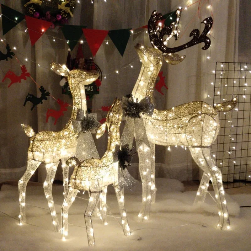 Christmas Deer Pulling Car Luminous Ornament Large Scene Wrought Iron Sleigh Mother Son Deer DecorationGoods in stock