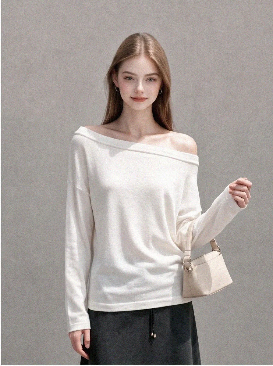 Off Shoulder Asymmetric Long Sleeve T Shirt Women Korean Sweet Early Autumn Chic Pretty Top