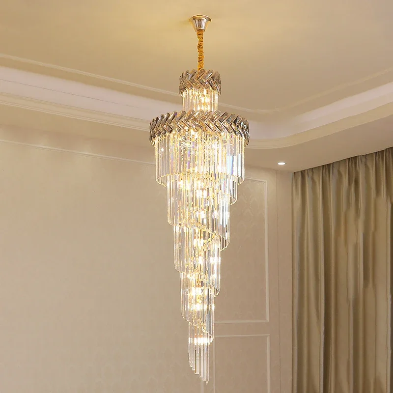 Chandelier in the Hall Living Room Top Long Smoky Gray Crystal Lamps Gold Staircase Lighting Illuminator