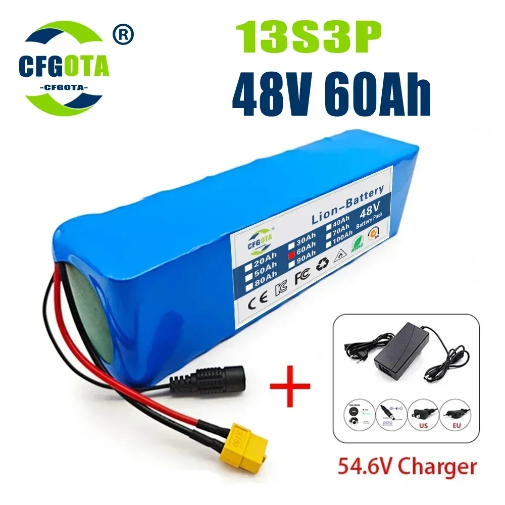 

48V Lithium Ion Battery Pack 60Ah 13S3P Rechargeable Batteries For 54.6v E-bike Electric Bicycle Scooter With BMS+Charger