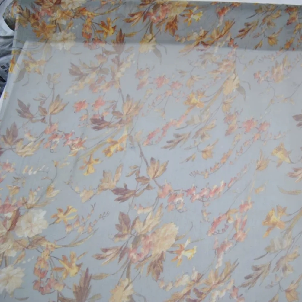 Soft Light Blue Vintage Dried Brown Leaf Wholesale Silk Crepe Chiffon Fabric for Lady Kids Shirt Apparel Sleepwear Saree Trouser view 2