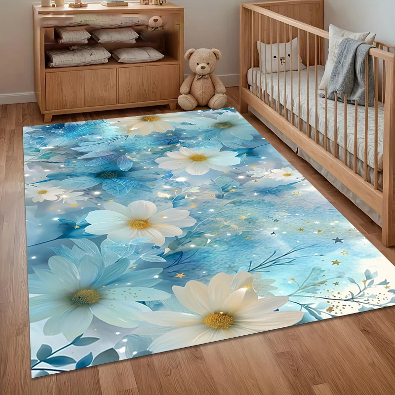 Dreamy Blue Daisy Kids Area Rug Non Slip Washable Starry Floral Print for Nursery Kids Room Playroom Whimsical Home Decor