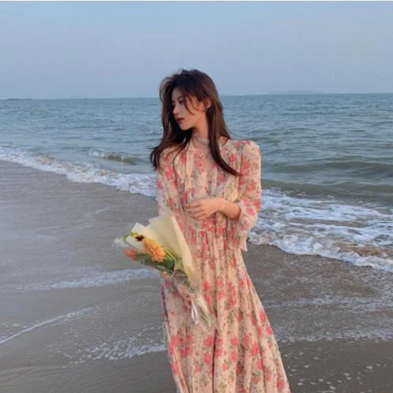 2021 Summer Vintage Midi Dress Women Casual Design Elegant Floral Strap Dress Female Beach One Piece Dress Korean Offpce Lady