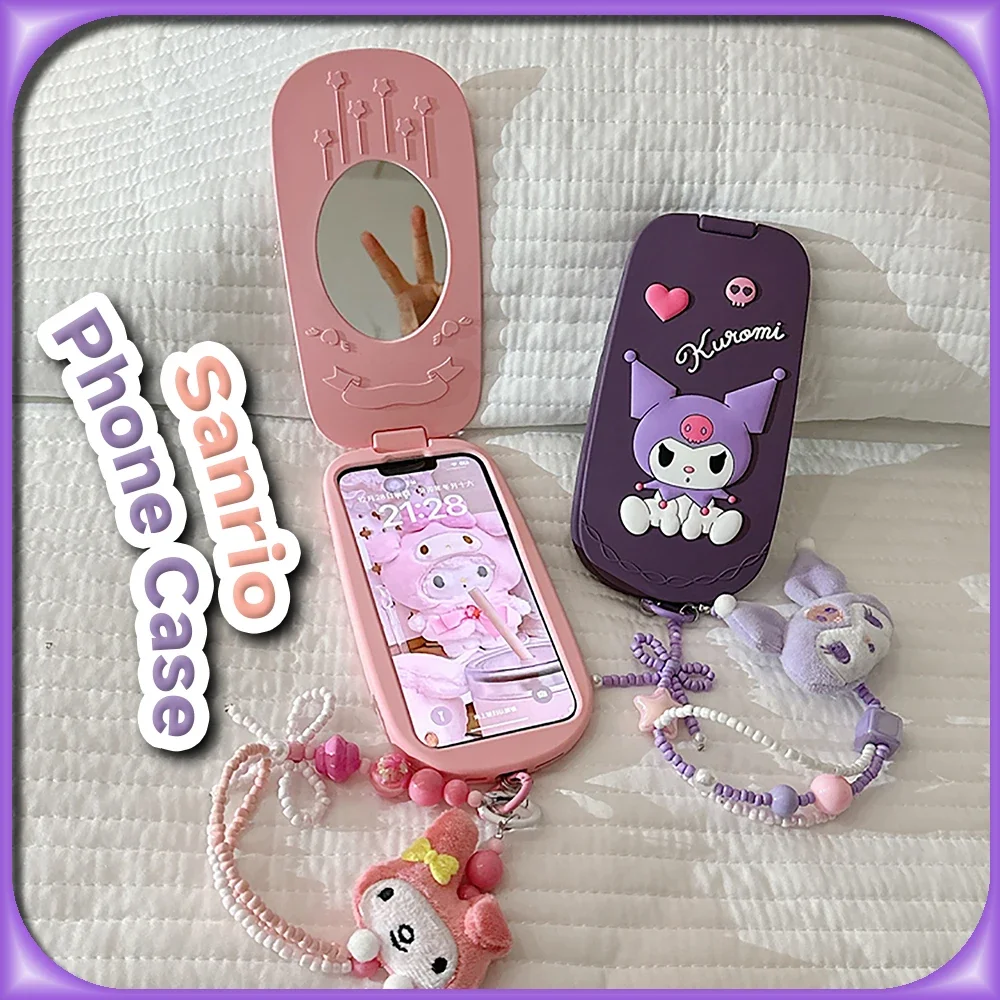 Kawaii Filp Telephone Kuromi Mirror Phone Case for iPhone 15 14 13 12 Pro Max Sanrio Anime Cute Protective Cover with Bracelet