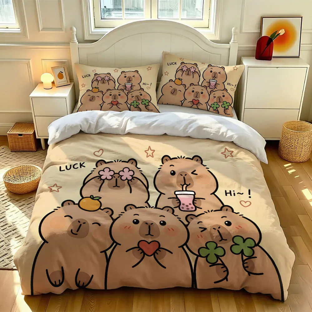 3PCS Duvet Cover Set Capybara Cute Cartoon Print Bedding Kids Girls Women Soft Microfiber Quilt Cover  Pillowcases