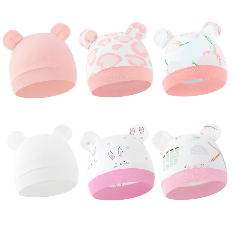 

6Pcs/lot Newborn Baby Hat Cute Bear Ear Beanie Cartoon Printed Cotton Hats for Boys Girls Infant Shower Gifts 0-3 Months