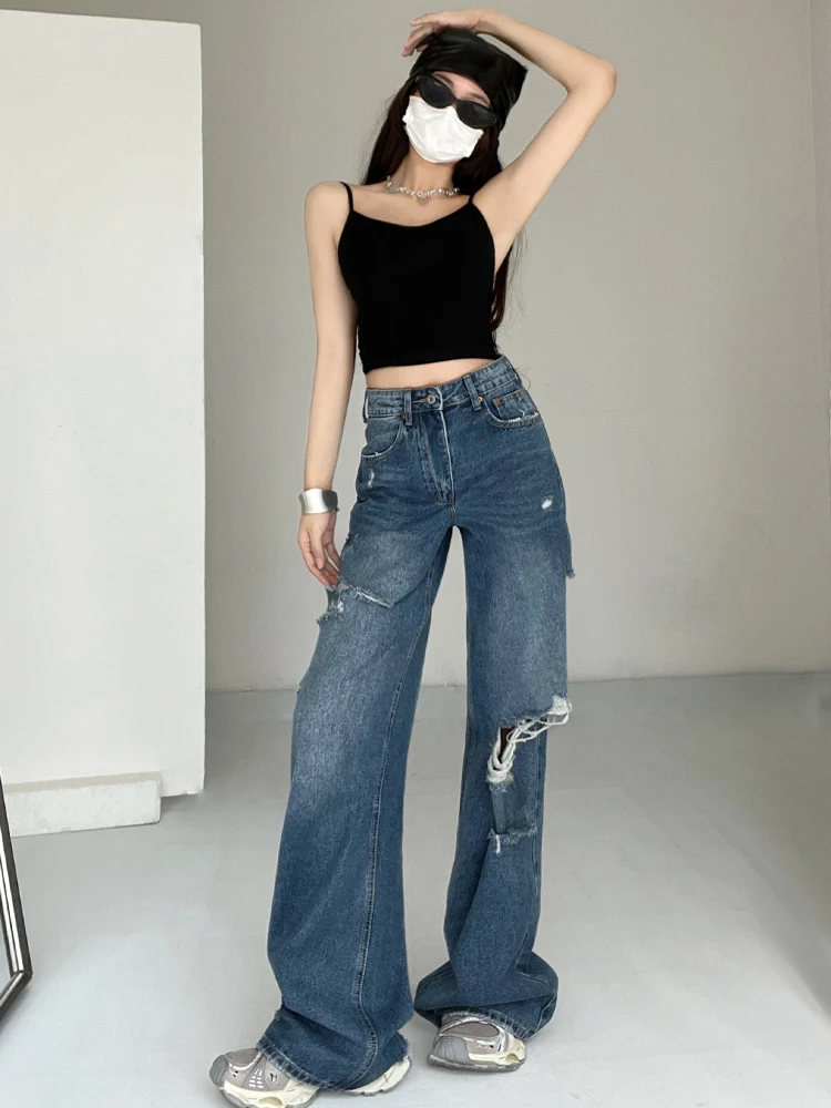 

Retro Waed American Sle Hole Denim Jeans Women Loose Wide Leg Pants Floor Length Extended Straight Cut High Waist