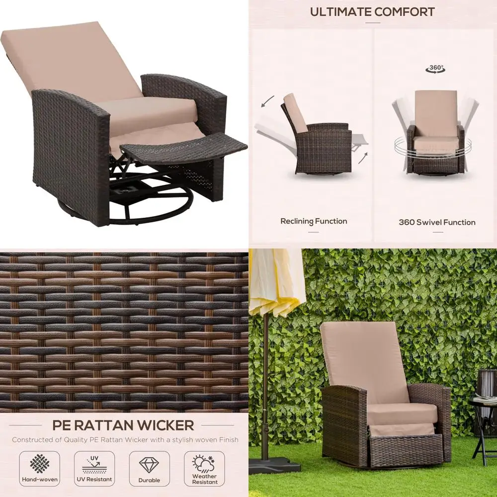 "كرسي دوار من الخيزران مناسب لجميع الأحوال الجوية مع مسند قدم مستلق ورفع للظهر، دوران 360 درجة، وسائد مقاومة للماء"