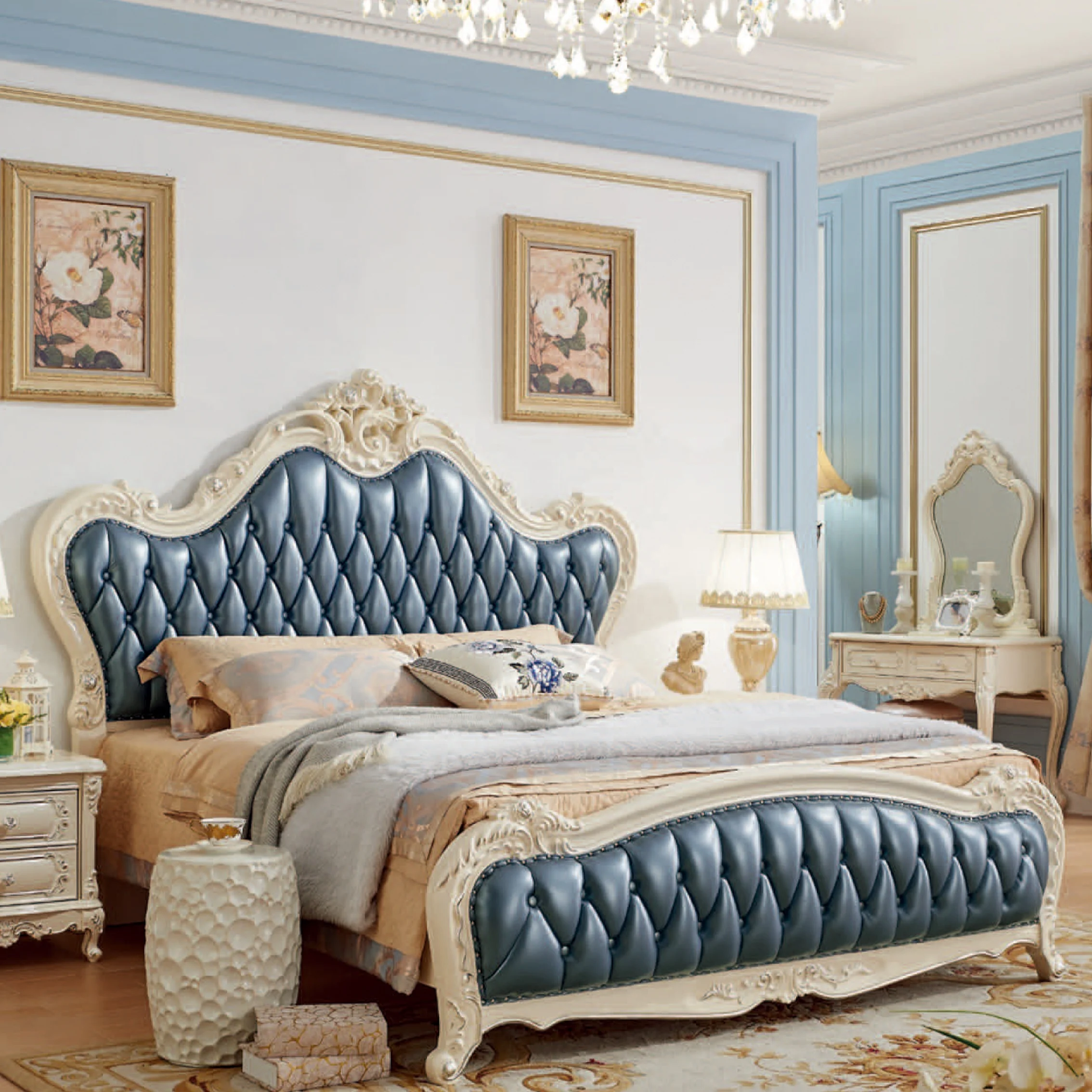 

#$French Classic Leather Bedroom Twin Princess Bed Furniture European Modern Design Carved king Size Wood Frame Wedding Bed