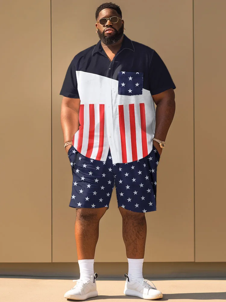 L-9XL kurz ärmel ige Hemd Shorts Set plus Größe Männer Unabhängigkeit Tag Flagge Geste Streifen personal isierten Druck zweiteiligen Set Zooy