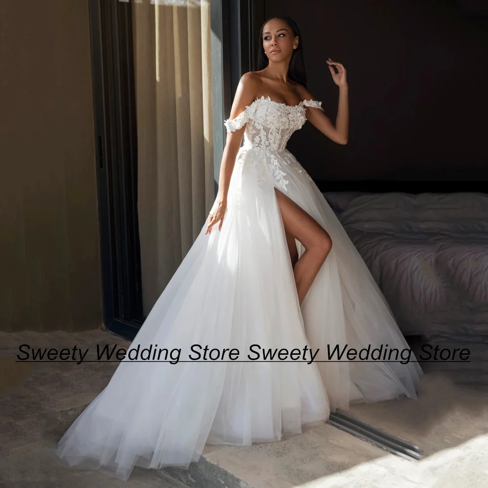 

Jiayigong Boho Wedding Dress Bridal Gown Off The Shoulder Strapless Applique See Through Sweep Train Soft A Line Bride Dresses